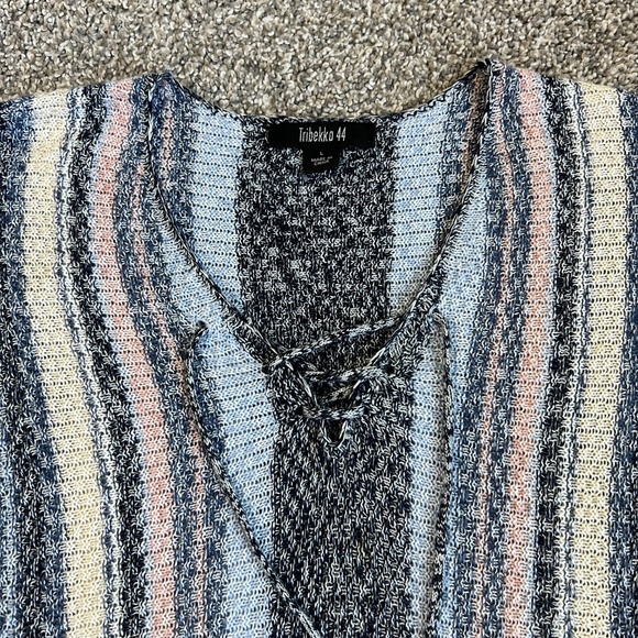 Striped Knit Pullover Sweater Pink Blue Cream Lace Up Tie 3/4 Sleeve, Size Large - Picture 2 of 7